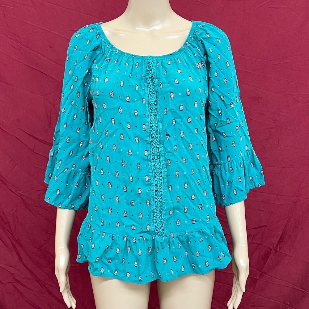 Blue Mood on/off shoulder crocheted bell sleeve peasant top size medium